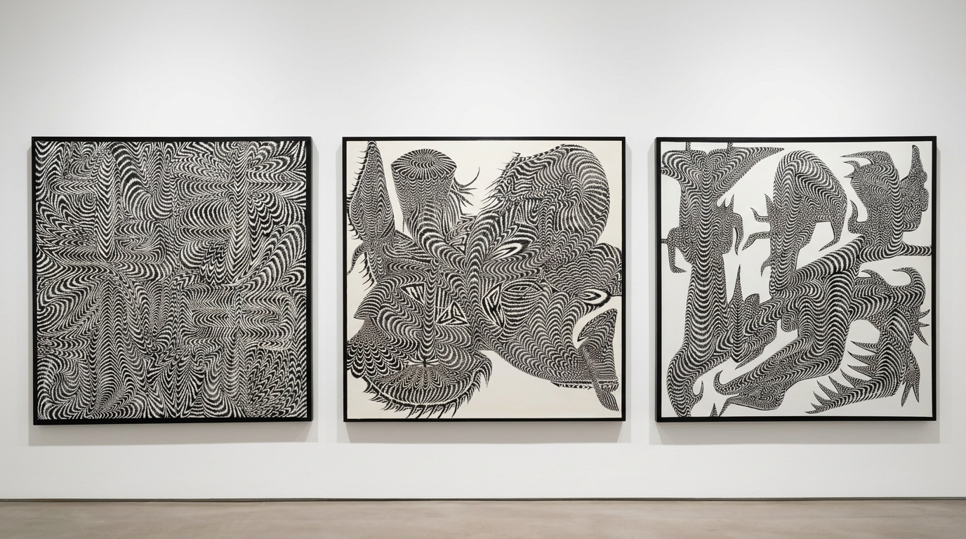 Tres obras de la serie transformación expuestas en una misma pared de galería